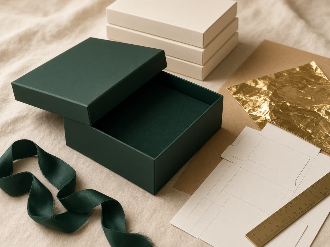 Packaging studio table with a rigid box, kraft board, gold foil, and ribbon