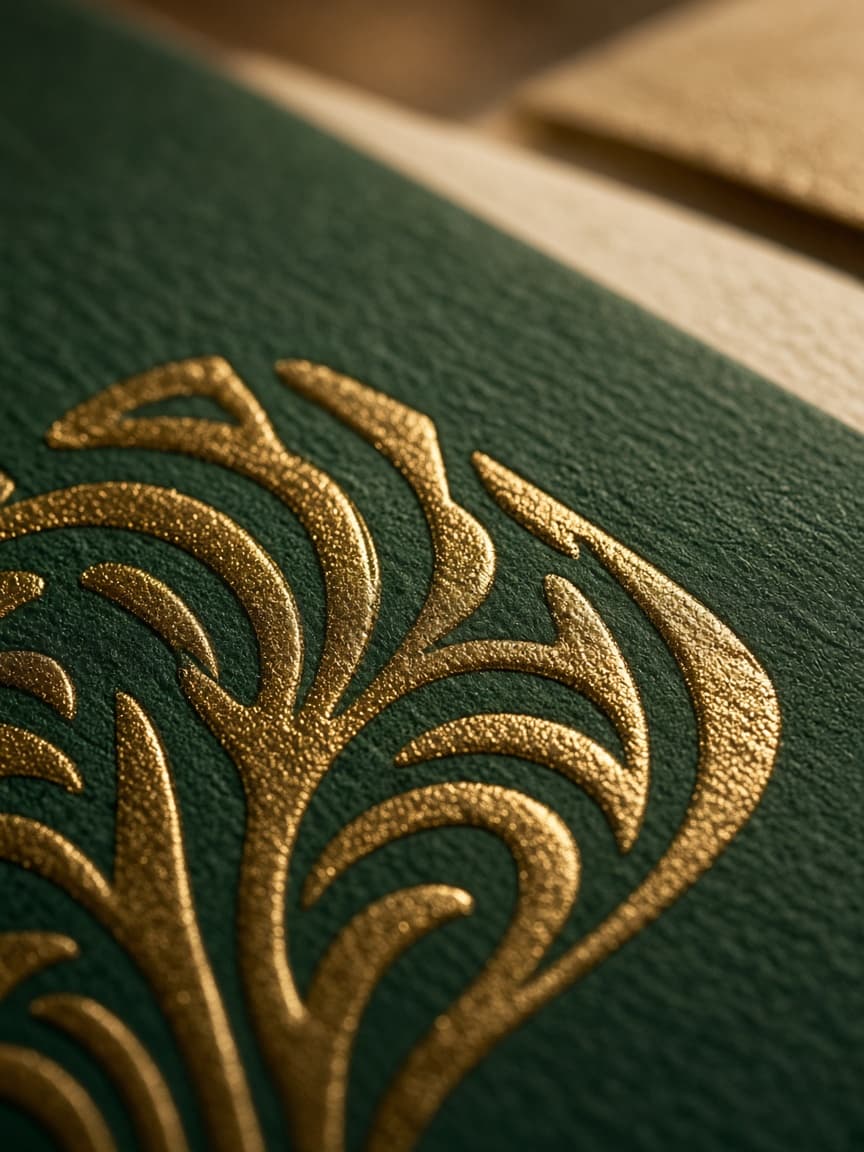 Gold foil stamping on forest-green paper stock
