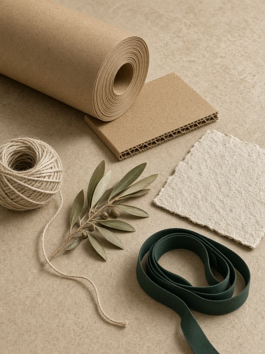 Kraft roll, recycled flute, cotton twine, and responsible packaging materials