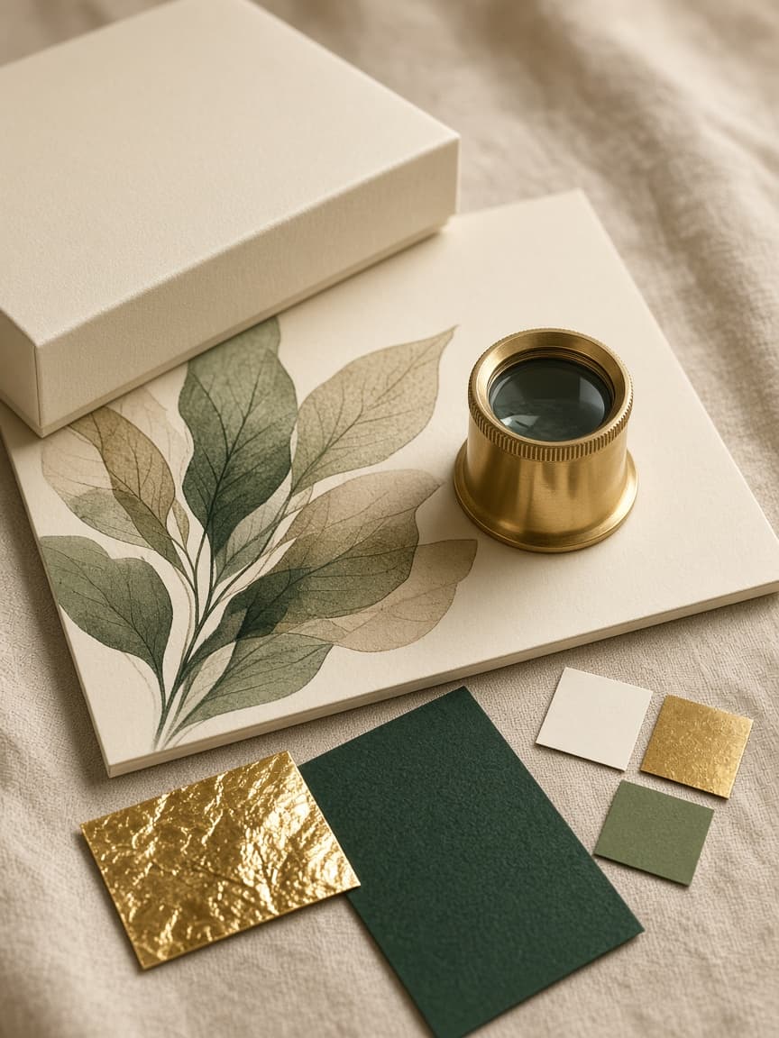 Print proof, colour chips, and foil swatches on a packaging quality table