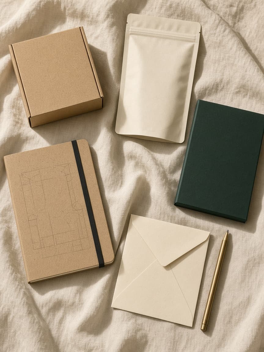Packaging audit still life with kraft box, pouch sample, and dieline sketches